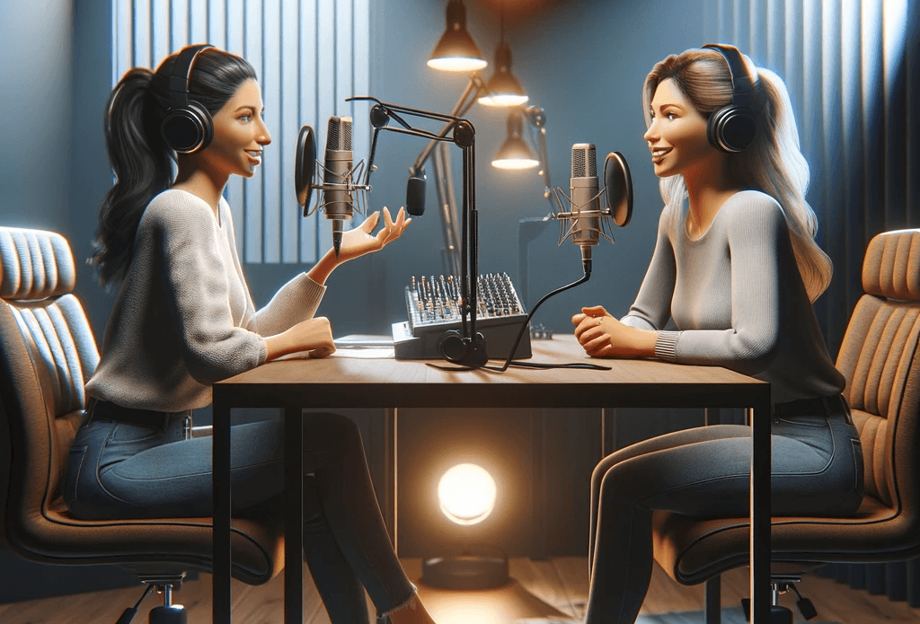 A picture showing two women recording a podcast